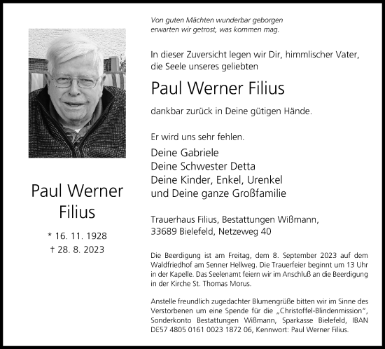 Traueranzeige von Paul Werner Filius von Neue Westfälische