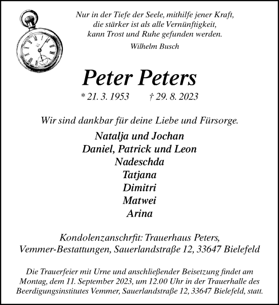 Traueranzeige von Peter Peters von Neue Westfälische