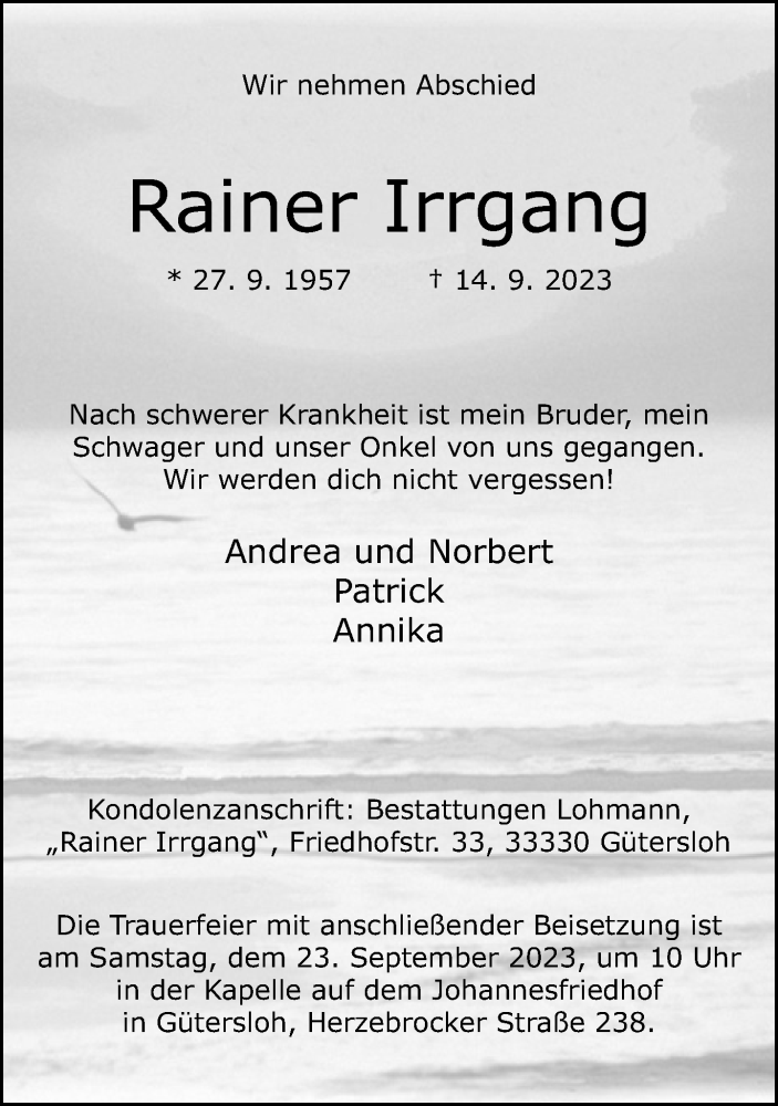  Traueranzeige für Rainer Irrgang vom 19.09.2023 aus Neue Westfälische