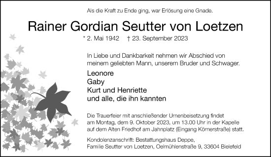 Traueranzeige von Rainer Gordian Seutter von Loetzen von Neue Westfälische