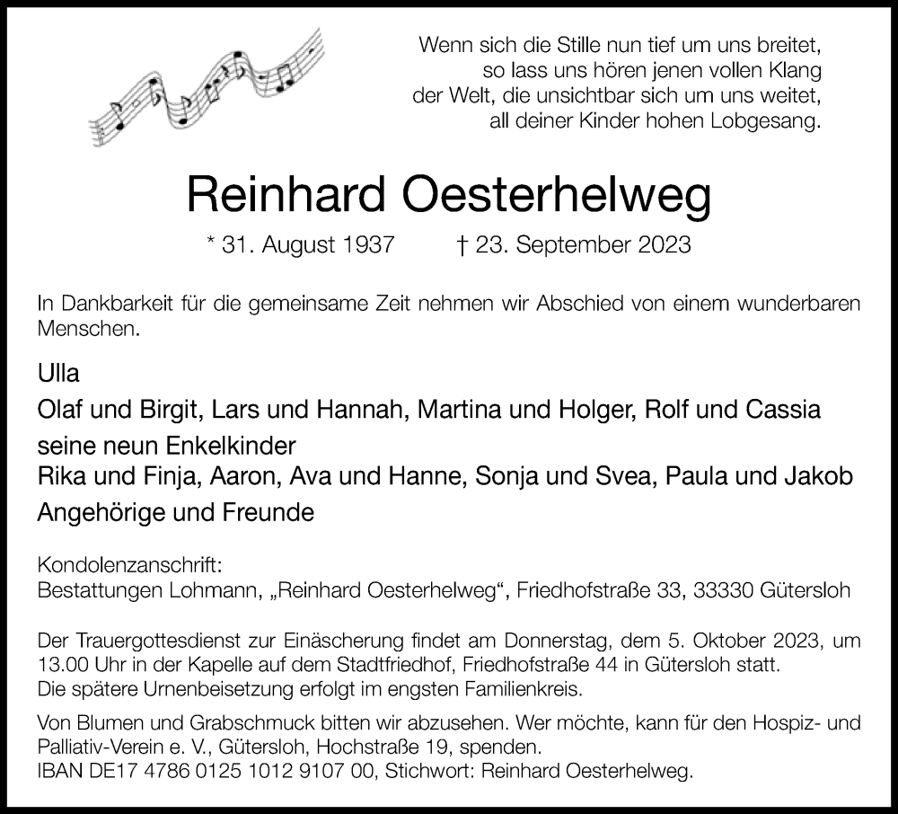  Traueranzeige für Reinhard Oesterhelweg vom 30.09.2023 aus Neue Westfälische
