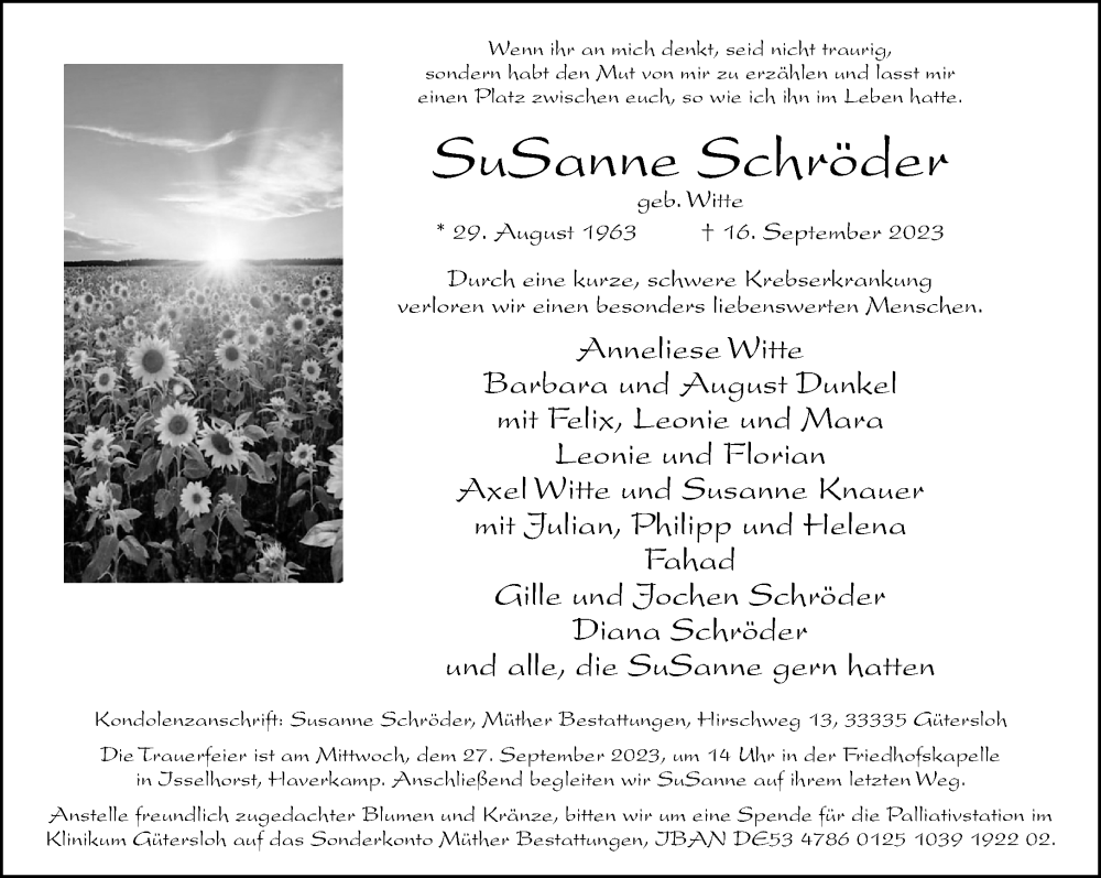  Traueranzeige für Susanne Schröder vom 23.09.2023 aus Neue Westfälische