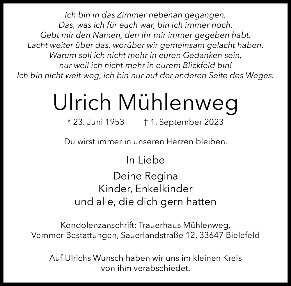  Traueranzeige für Ulrich Mühlenweg vom 30.09.2023 aus Neue Westfälische