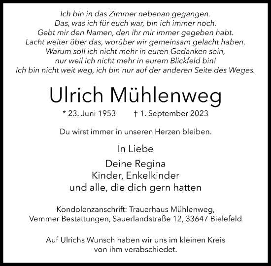 Traueranzeige von Ulrich Mühlenweg von Neue Westfälische