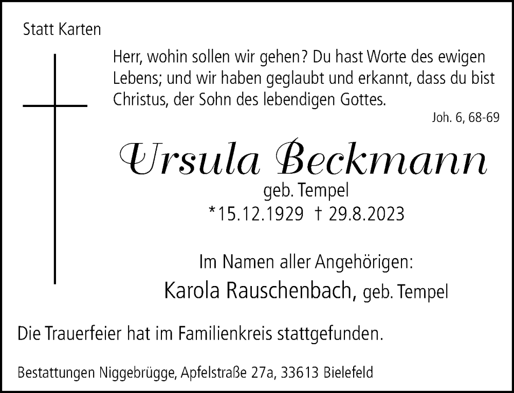 Traueranzeige für Ursula Beckmann vom 09.09.2023 aus Neue Westfälische