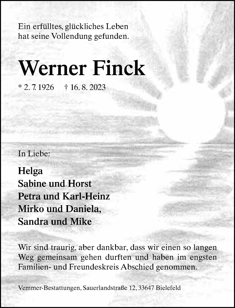  Traueranzeige für Werner Finck vom 02.09.2023 aus Neue Westfälische
