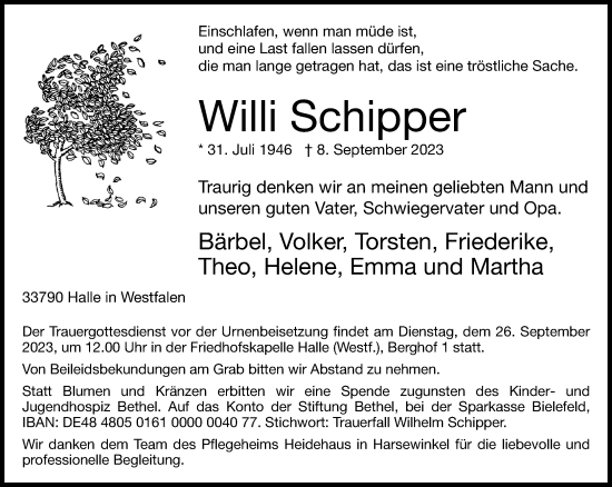 Traueranzeige von Willi Schipper von Neue Westfälische