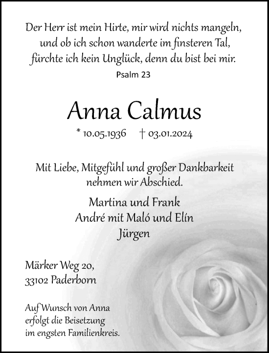 Traueranzeige von Anna Calmus von Neue Westfälische