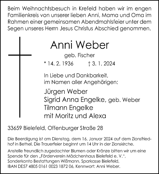 Traueranzeige von Anni Weber von Neue Westfälische