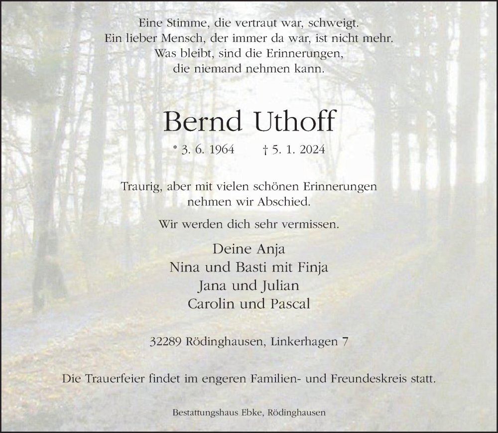  Traueranzeige für Bernd Uthoff vom 13.01.2024 aus Neue Westfälische