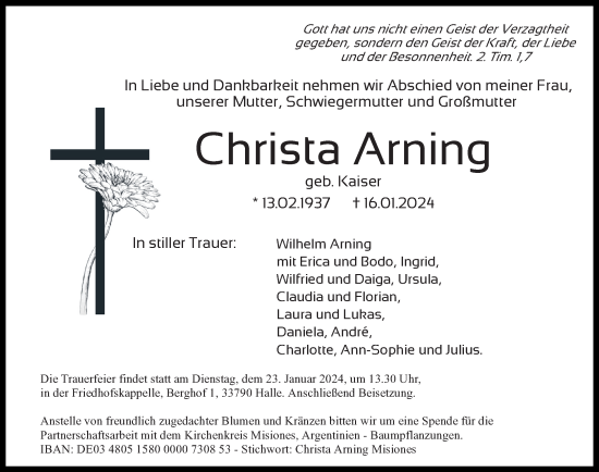 Traueranzeige von Christa Arning von Neue Westfälische