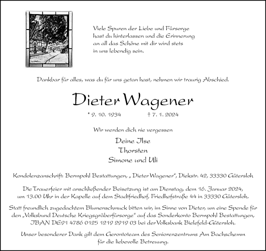 Traueranzeige von Dieter Wagener von Neue Westfälische