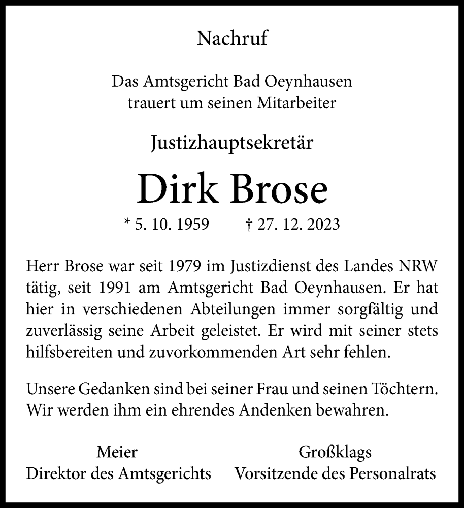  Traueranzeige für Dirk Brose vom 11.01.2024 aus Neue Westfälische