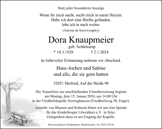 Traueranzeige von Dora Knaupmeier von Neue Westfälische