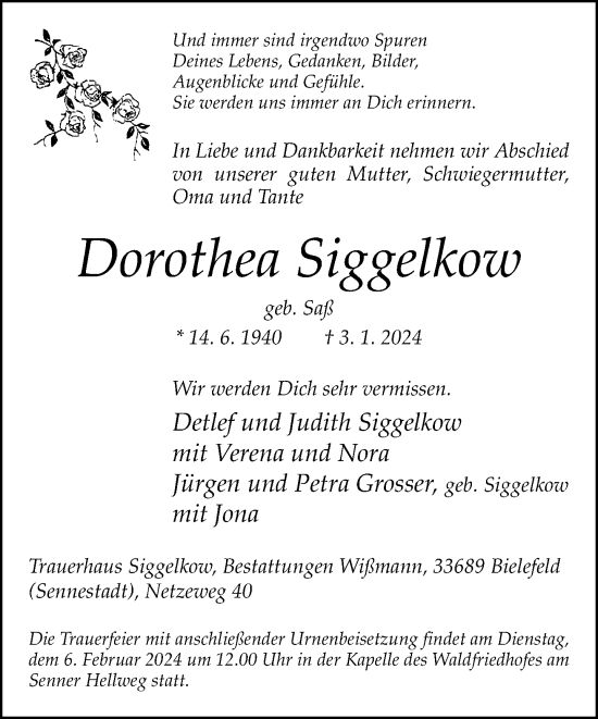 Traueranzeige von Dorothea Siggelkow von Neue Westfälische