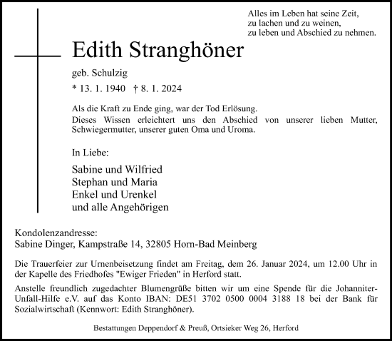 Traueranzeige von Edith Stranghöner von Neue Westfälische