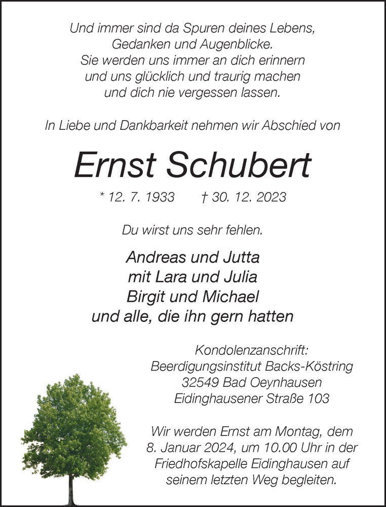  Traueranzeige für Ernst Schubert vom 06.01.2024 aus Neue Westfälische