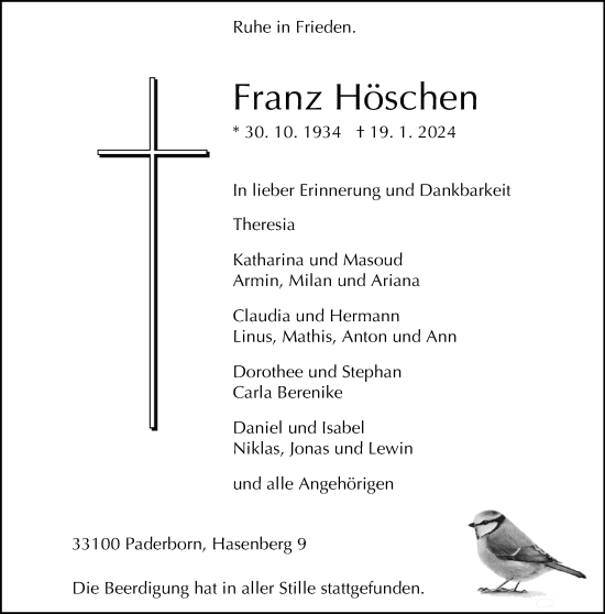 Traueranzeige von Franz Höschen von Neue Westfälische
