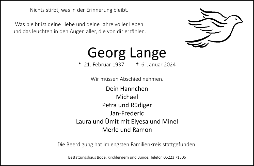  Traueranzeige für Georg Lange vom 13.01.2024 aus Neue Westfälische