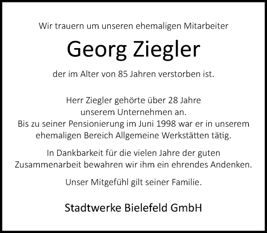 Traueranzeige von Georg Ziegler von Neue Westfälische