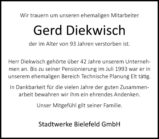 Traueranzeige von Gerd Diekwisch von Neue Westfälische