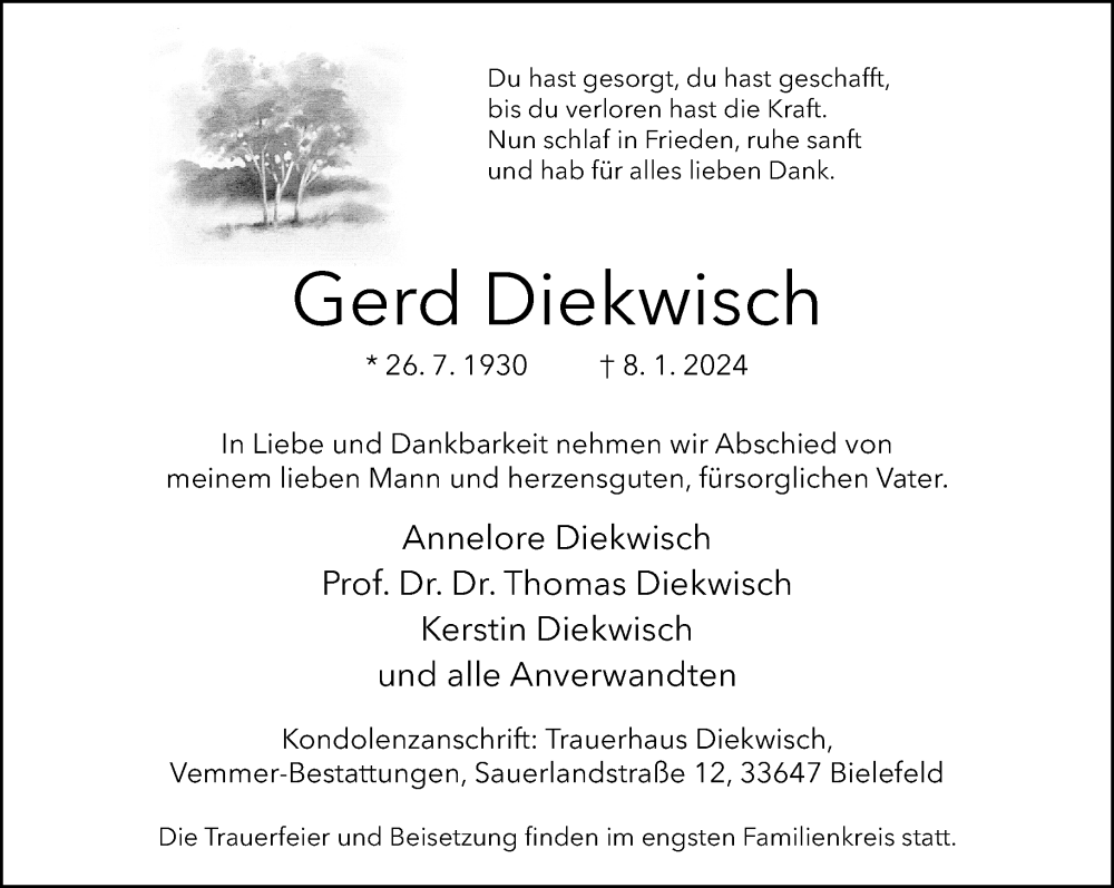  Traueranzeige für Gerd Diekwisch vom 13.01.2024 aus Neue Westfälische