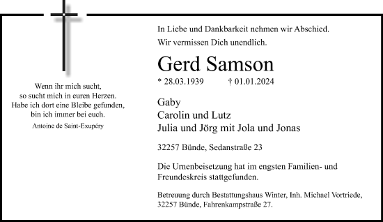 Traueranzeige von Gerd Samson von Neue Westfälische