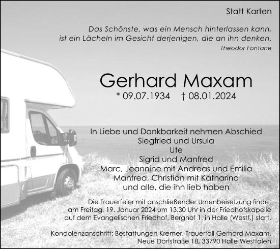 Traueranzeige von Gerhard Maxam von Neue Westfälische