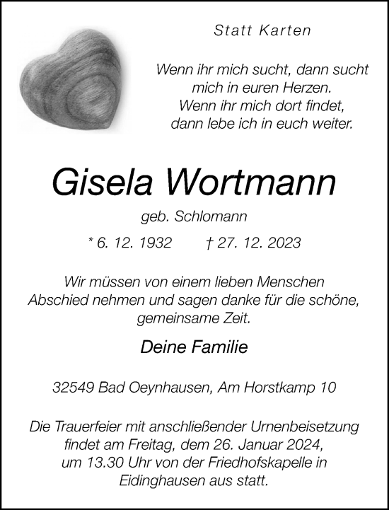 Traueranzeige von Gisela Wortmann von Neue Westfälische