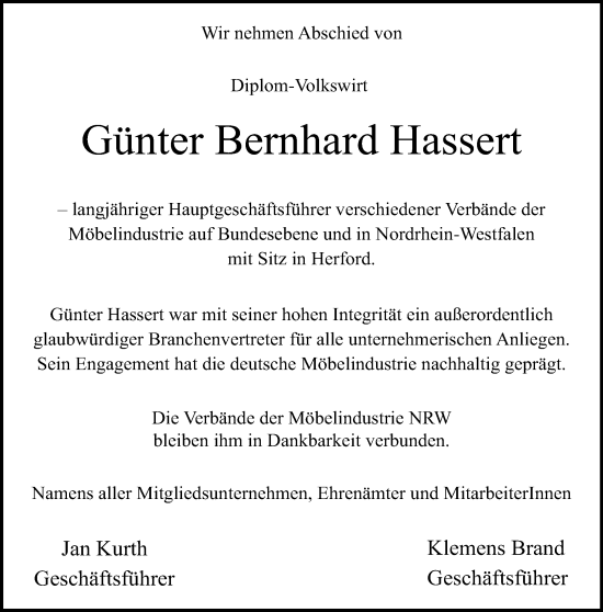 Traueranzeige von Günter Bernhard Hassert von Neue Westfälische