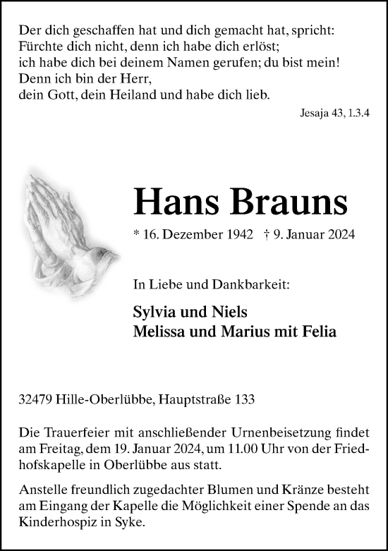 Traueranzeige von Hans Brauns von Neue Westfälische