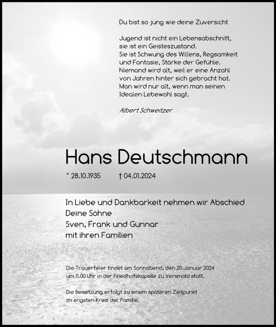 Traueranzeige von Hans Deutschmann von Neue Westfälische