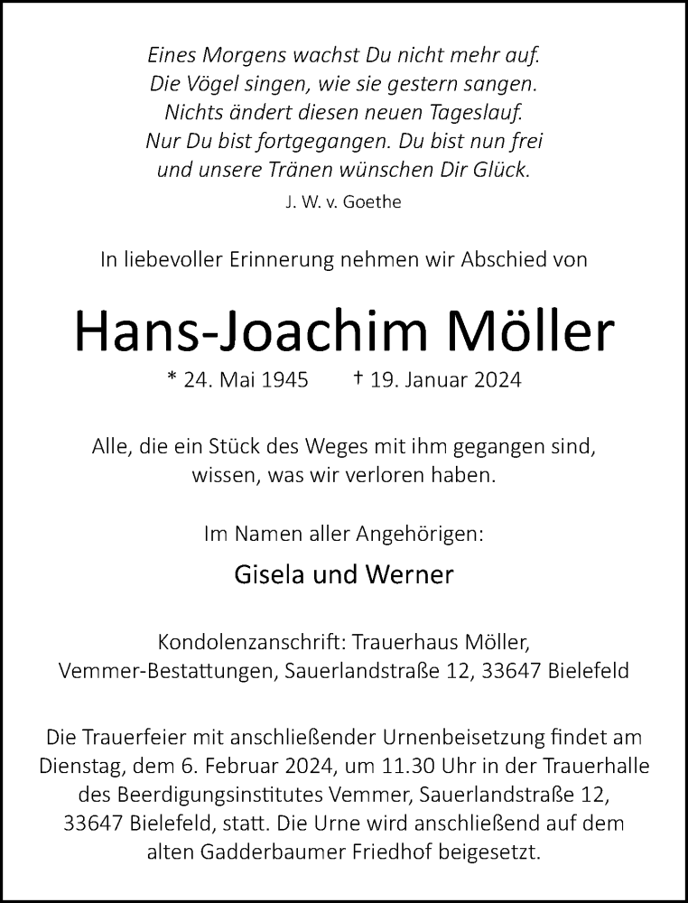 Traueranzeige für Hans-Joachim Möller vom 27.01.2024 aus Neue Westfälische