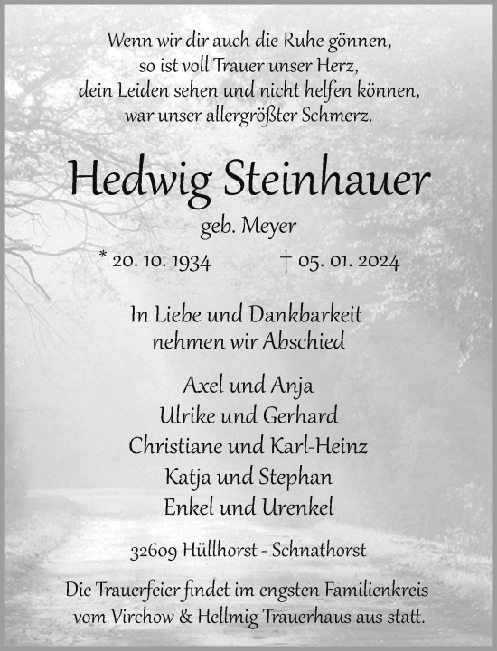 Traueranzeige von Hedwig Steinkauer von Neue Westfälische