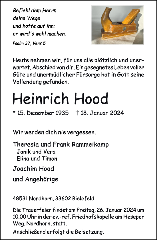 Traueranzeige von Heinrich Hood von Neue Westfälische