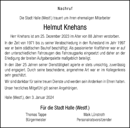 Traueranzeige von Helmut Knehans von Neue Westfälische