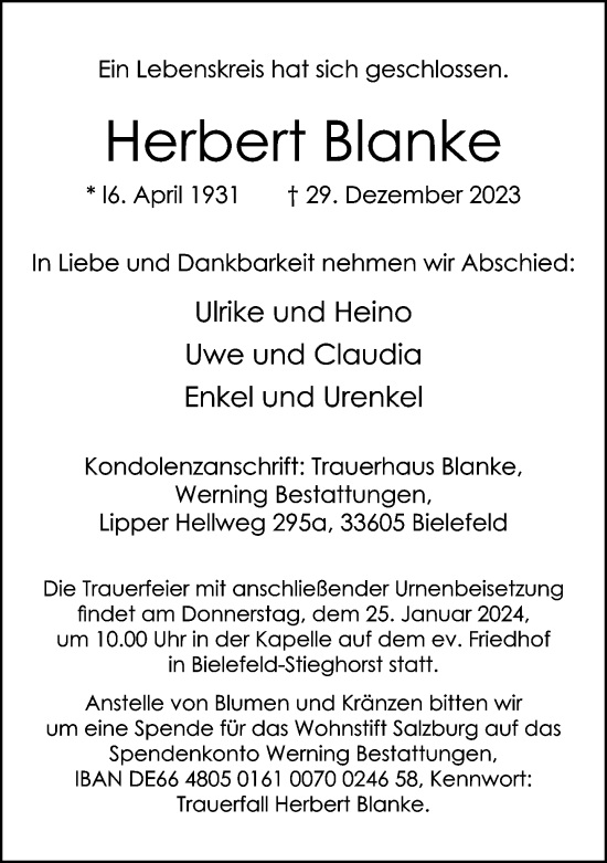 Traueranzeige von Herbert Blanke von Neue Westfälische