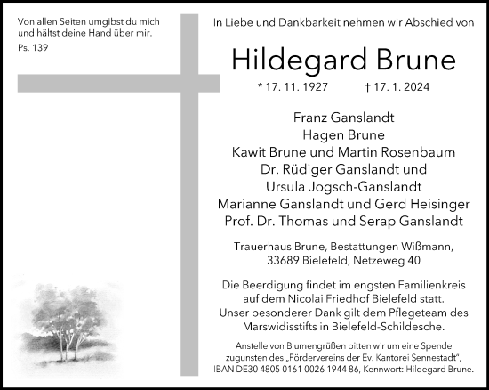 Traueranzeige von Hildegard Brune von Neue Westfälische