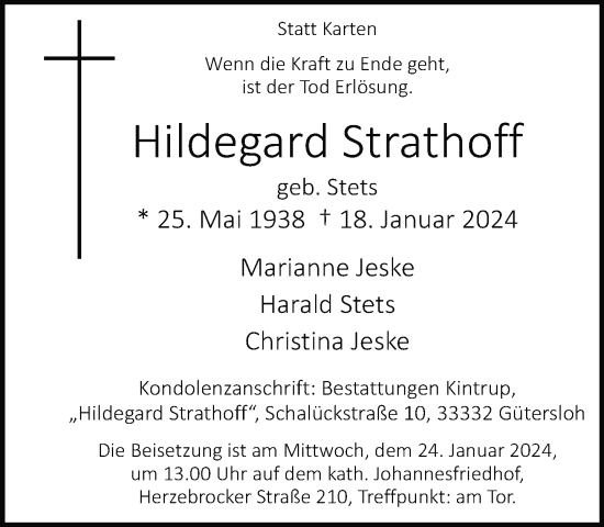Traueranzeige von Hildegard Strathoff von Neue Westfälische