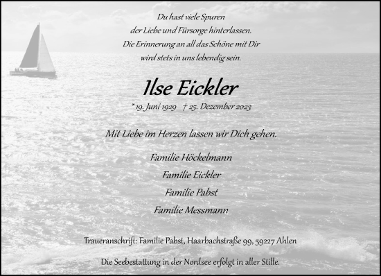 Traueranzeige von Ilse Eickler von Neue Westfälische