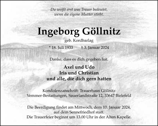 Traueranzeige von Ingeborg Göllnitz von Neue Westfälische
