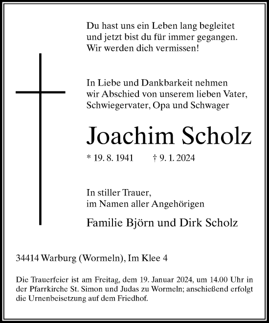 Traueranzeige von Joachim Scholz von Neue Westfälische