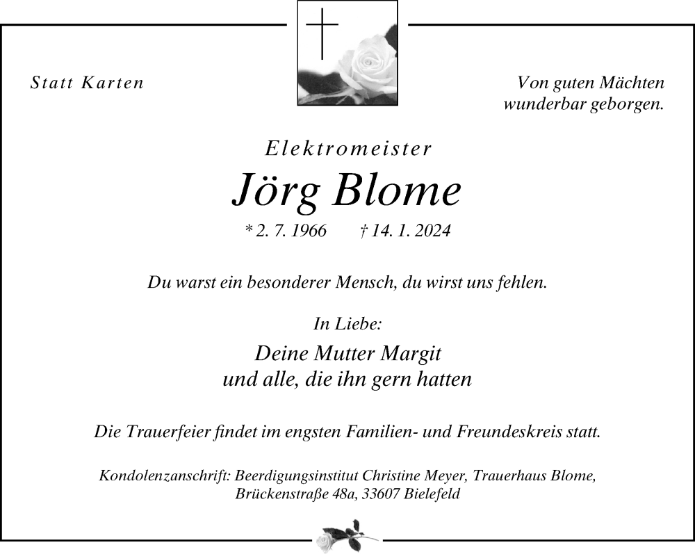  Traueranzeige für Jörg Blome vom 20.01.2024 aus Neue Westfälische