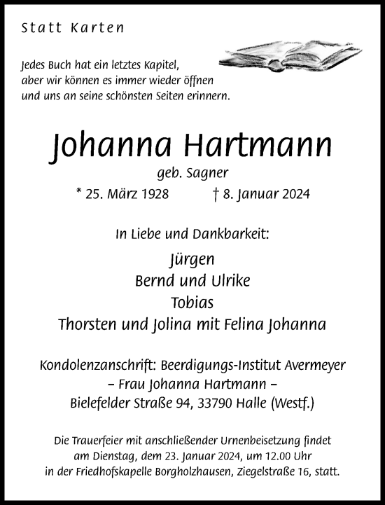 Traueranzeige von Johanna Hartmann von Neue Westfälische