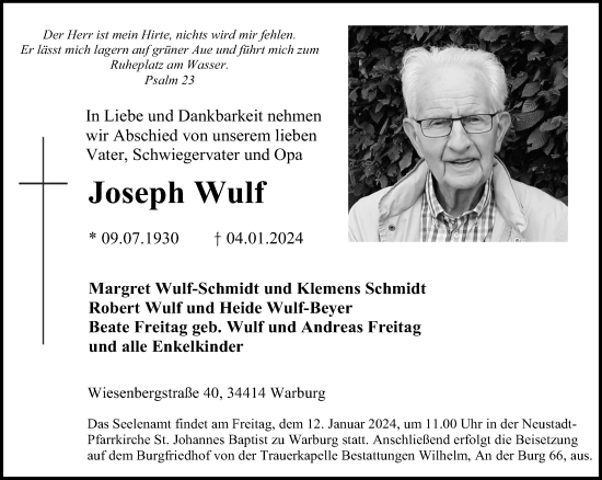 Traueranzeige von Joseph Wulf von Neue Westfälische