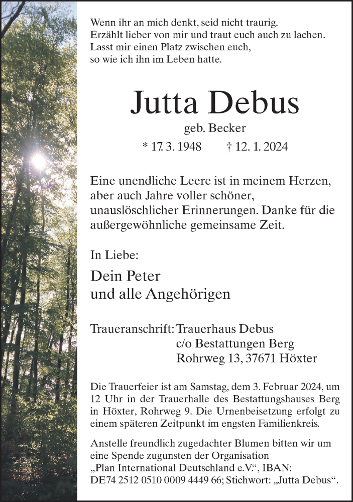  Traueranzeige für Jutta Debus vom 27.01.2024 aus Neue Westfälische