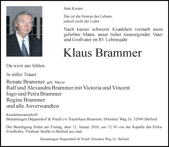Traueranzeige von Klaus Brammer von Neue Westfälische