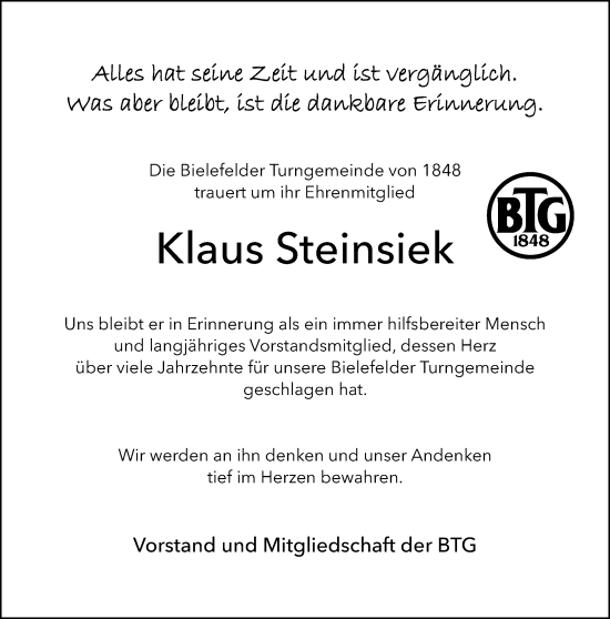 Traueranzeige von Klaus Steinsiek von Neue Westfälische