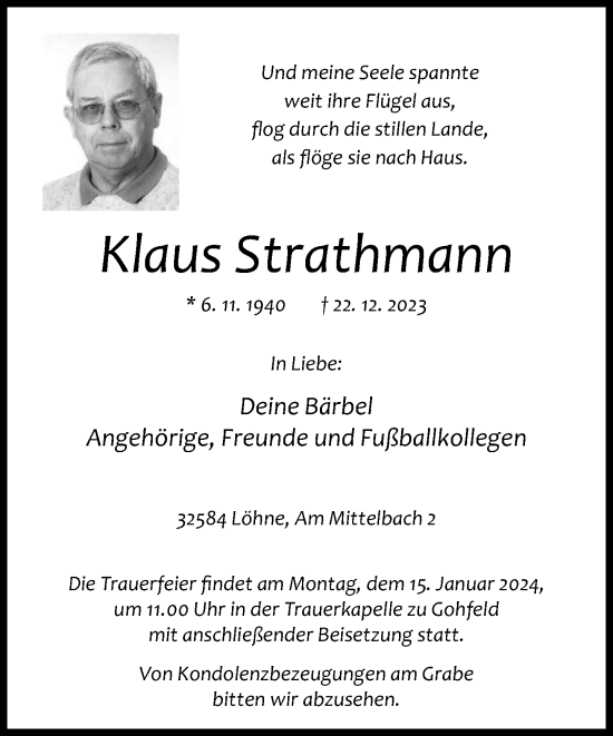 Traueranzeige von Klaus Strathmann von Neue Westfälische