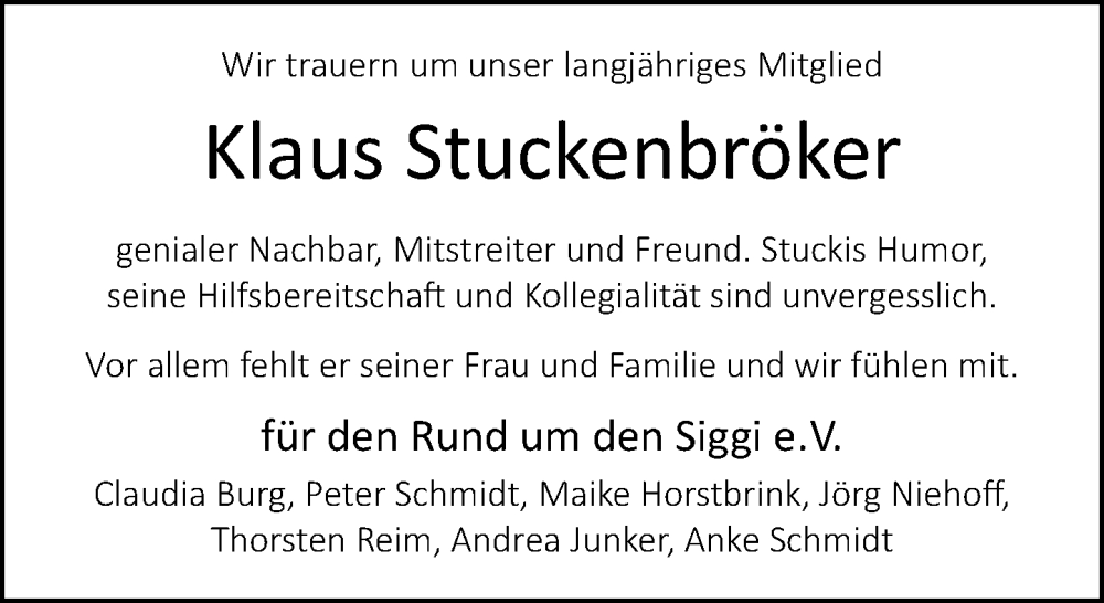  Traueranzeige für Klaus Stuckenbröker vom 27.01.2024 aus Neue Westfälische
